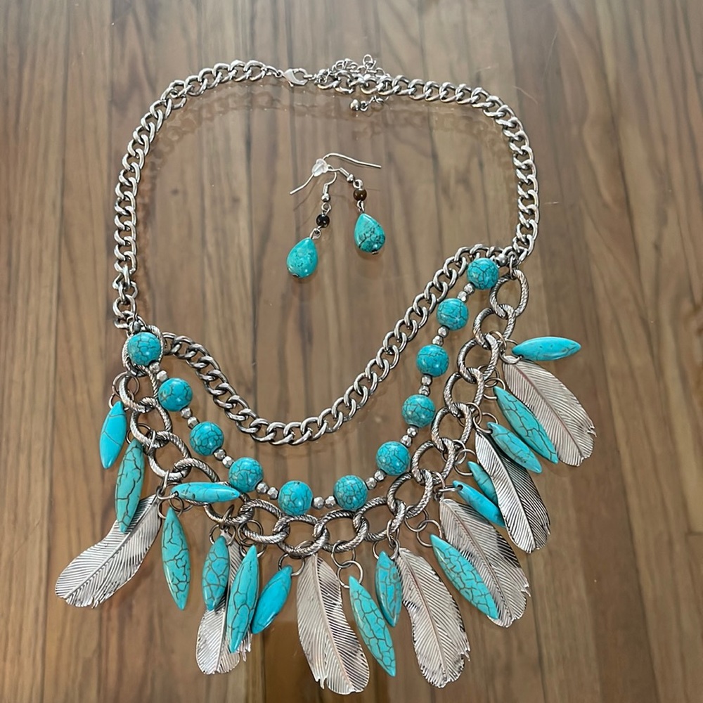 Bohemia Ethnic Turquoise Multi-Chain Necklace with Turquoise stone earrings.